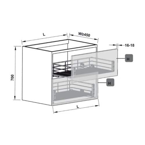 Kích thước bộ rổ kéo gắn với cánh Hafele 549.03.141 cho tủ rộng 400mm