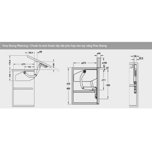 Kích thước bộ tay nâng FREE SWING Hafele 493.05.772, đen