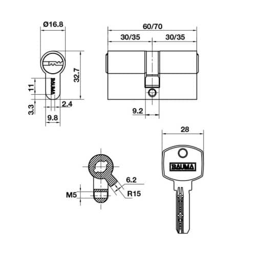 Kích thước ruột khóa 2 đầu chìa Hafele Bauma 916.87.825