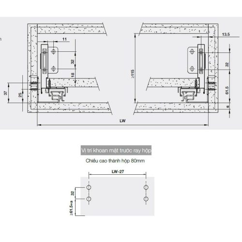 Lắp đặt ray hộp Hafele 552.55.316 Alto-S H80 mm màu xám đậm