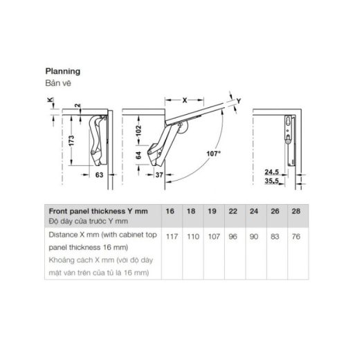 Bản vẽ của tay nâng Hafele Free Space 1.11 D 493.05.922