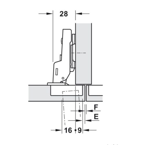 Kích thước bản lề trùm nửa Metalla A 95º cho cửa dày Hafele 311.81.505